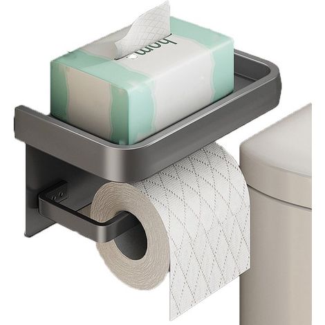 Porte-rouleau papier toilette – Avec étagère – Acier inoxydable – Gris – Vis incluses – Autocollant ou vissé (1/5)