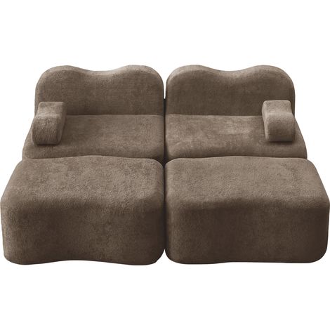 Divano modulare 2 posti con 2 pouf in velluto marrone, imbottitura in schiuma 32D, senza montaggio (1/5)