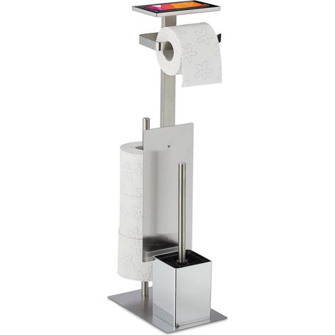 Serviteur WC, avec Porte-Rouleau, Brosse et Son Support, Espace de dépôt, H x L x P : 69 x 25 x 18 cm, argenté (1/5)