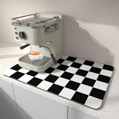 Tapis Égouttoir Vaisselle à Carreaux, 40 x 45 cm Tapis de Bar à Café pour Comptoir, S'adapte Sous la Cafetière, Tapis de Séchage Absorbant avec dos en Caoutchouc pour Machine à Expresso, Noir et Blanc (1/5)