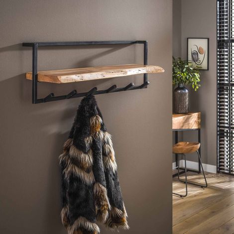 M&S – Portemanteau mural en acacia massif et métal – Dimensions 100x25x32 cm – 6 crochets pour manteaux et accessoires – Style industriel
