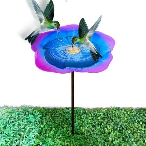 Bain d'oiseaux - Mangeoire de jardin - Bain d'oiseaux - Bain d'oiseaux en métal - Mangeoire d'extérieur - Amovible - Bain d'eau pour oiseaux - Bain d'oiseaux résistant au gel - Motif floral (violet/bl (1/5)