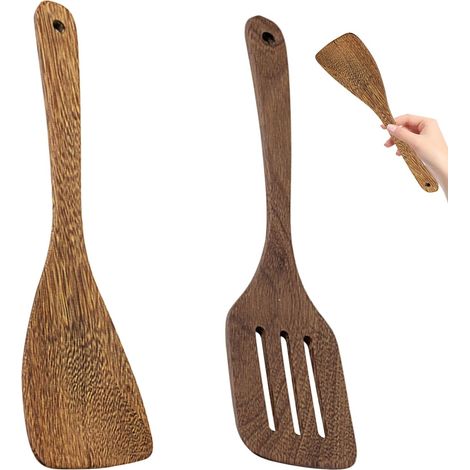 2 Spatule, Bois massif, Manche long 30cm, Ergonomique, Ustensile cuisine, Poêle antiadhésive