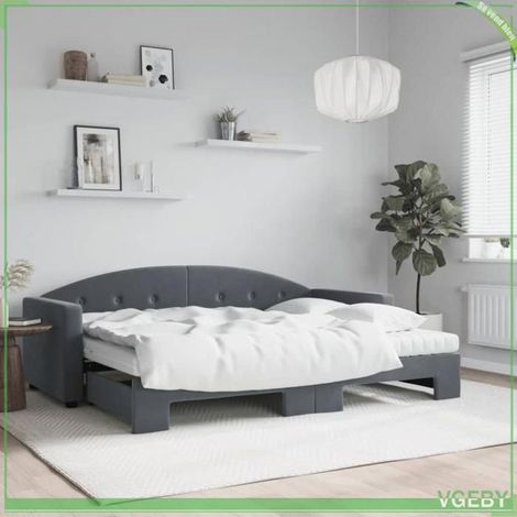 Lit de jour avec lit gigogne - 3197319 - velours gris foncé - 2 matelas mousse 80x200x10 cm - cadre bois et métal (1/5)
