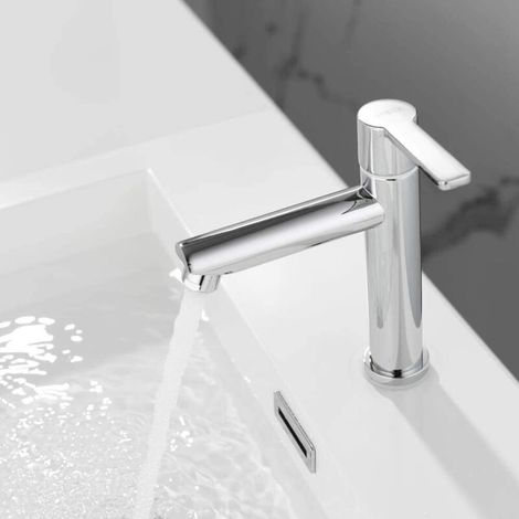 Robinet de Lavabo Eau Froide Uniquement, Mitigeur Salle de Bains en Laiton Durable, Mousseur Démontable, Robinetterie pour Toilettes Invités, Cartouche Céramique, avec Tuyau de Raccordement (1/2)