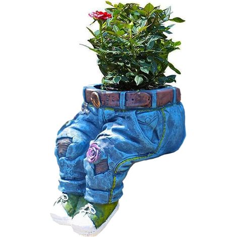 BEBUSINGOTO Blumentopf aus Kunstharz, Denim-Garten-Pflanztöpfe, dekorativer Übertopf für den Innen- und Außenbereich, Rasendekoration, sitzende Garten-Pflanztöpfe, Garten