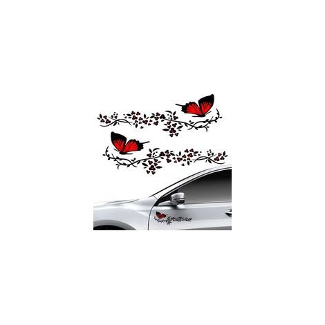 2 Pcs Autocollant Voiture, Stickers pour Voiture Avec Motif Papillons et Fleurs,Stickers Personnalisé pour Capot Couverture de Voiture,Moto,Planches à Roulettes,Valises,Murs(Rouge et Noir)