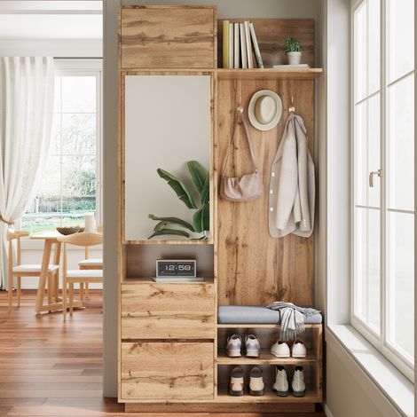 Porte-manteau compact miroir banc associé armoire à chaussures,ensemble meuble fonctionnel pour couloir-Mi.
