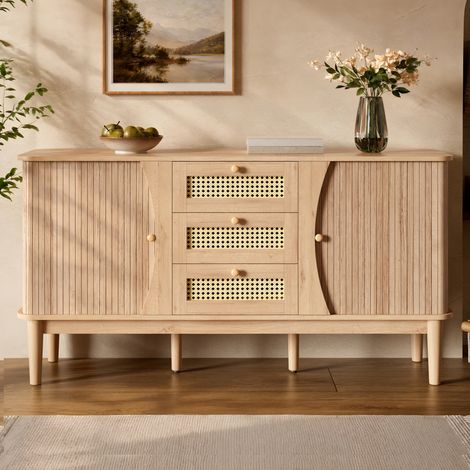 Buffet 141x40x77 cm, 3 tiroirs en rotin tressé, portes coulissantes, étagères réglables, commode pour salon et chambre, Naturel