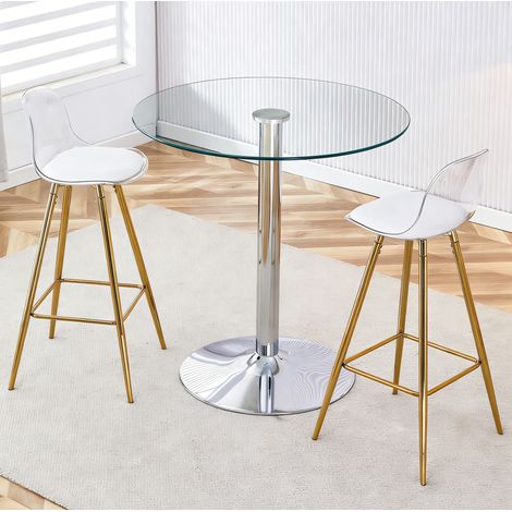 Set tavolo alto rotondo in vetro Ø89 cm e 2 sgabelli con gambe dorate HAVRYA (1/5)