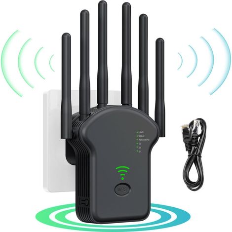 Répéteur WiFi 1200 Mbps avec 6 antennes pour une large couverture, installation simple, câble Ethernet inclus, noir