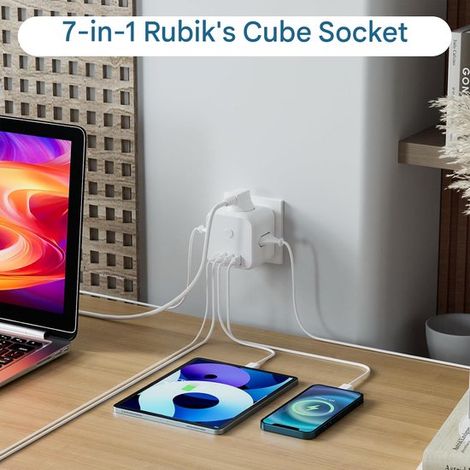 Steckdosenverteiler,7-in-1-Steckdosenadapter mit USB-C,Kabelloser Steckdosenwürfel,Kabellose Steckdosenleiste,Weiß (1/4)