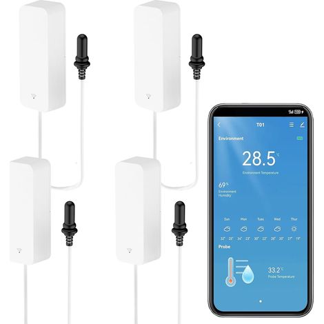 Thermomètre Hygromètre Smart avec Sonde, Jauge de Température et d’Humidité pour Aquarium WiFi avec Surveillance à Distance via App, Capteur de Thermomètre pour Réfrigérateur. 4PCS (1/5)
