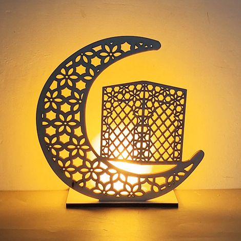 (Kerze enthalten, eingebaute Batterie nicht enthalten) Rasterbuch (15 x 15 cm) Dekorative Lampe für Ramadan (muslimischer Feiertag) mit Stern und Mond, handgefertigte LED-Lampe aus Holz (Betrieb mit 3 (1/2)
