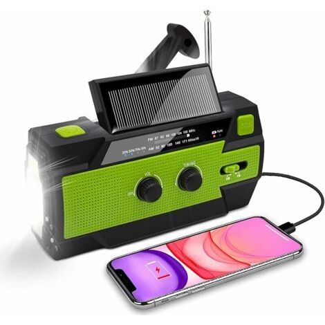 Radio solaire de chantier, radio à manivelle portable avec radio AM/FM, batterie rechargeable intégrée 4000 mAh, lampe de poche LED 4 modes, lampe de lecture LED avec capteur de mouvement, extérieur (1/5)