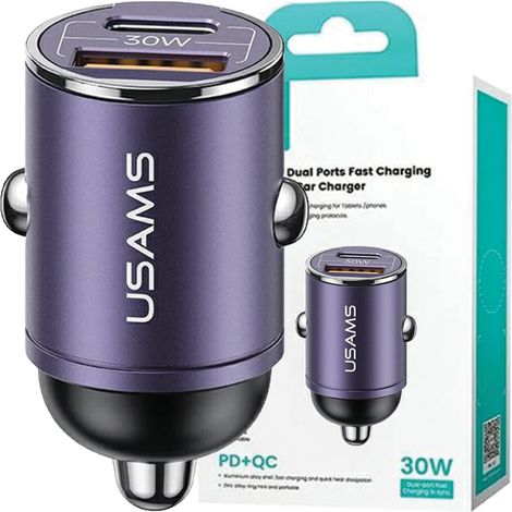 Caricabatterie da auto USAMS 1xUSB+1xUSB-C C38 30WPD Ricarica rapida con anello integrato viola/viola CC206CC02 (US-CC206) (1/5)