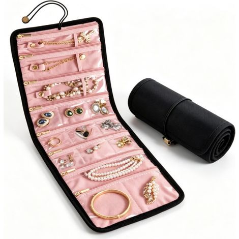 Pochette de rangement pour bijoux haut de gamme et raffinée, pochette organisatrice de bijoux grande capacité, pochette de rangement portable pour colliers, bracelets et bagues, pochette de rangement (1/4)