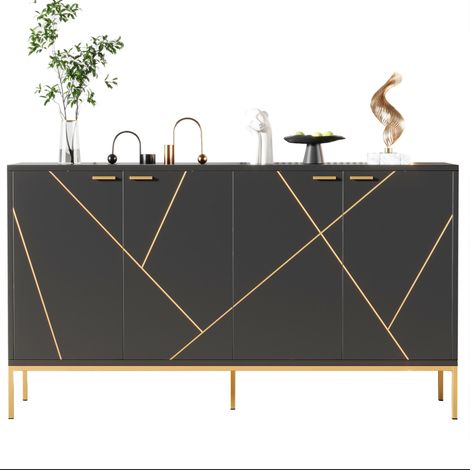 CHICFURN Credenza 4 ante 150 x 40 x 80 cm nera e dorata, linee metalliche, porta TV e contenitore (1/5)