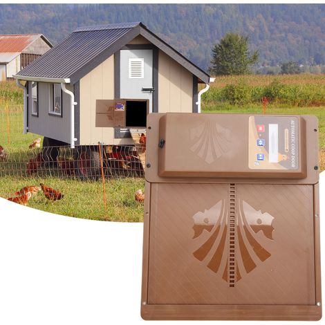 Porte de poulailler automatique 3 en 1 à ouverture horizontale, alimentée à l'énergie solaire et télécommandée par USB, marron. (1/5)