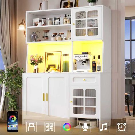 Buffet haut blanc cuisine 130x45x180 cm avec portes vitrées et éclairage LED intégré