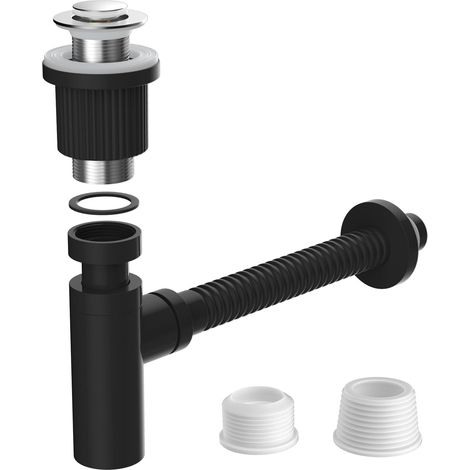 Design-Siphon mit Pop-up-Ventil: mit verchromter Abdeckung, höhenverstellbarem Edelstahlrohr (304) und flexiblem Schlauch für Waschbecken mit Überlauf – Universal-G1 1/4"-Anschluss – Schwarz (1/5)