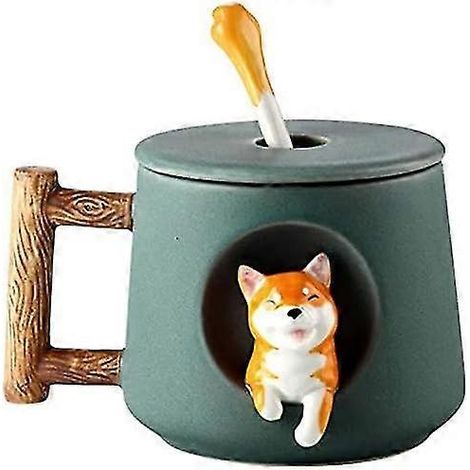 Tasse à café/thé en céramique avec couvercle et cuillère, motif chien Shiba Inu 3D. (1/5)
