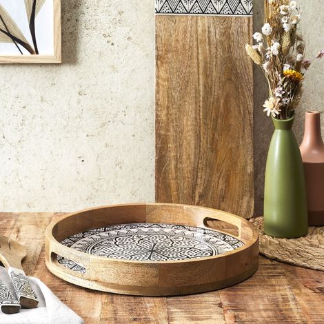 Plateau Rond - HOME DECO FACTORY - Dune - Manguier - Noir (1/4)