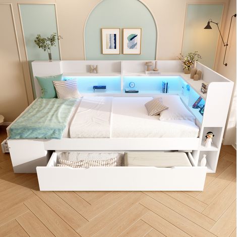 lit adulte rangement 90x190 bois blanc LED USB niches OKMYHOME (1/5)
