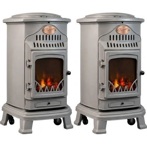 Pack de 2 poêles à gaz Provence gris 3,4 kW en Fonte Effet feu de bois Chauffage d'appoint sur roulettes Sahara (1/5)