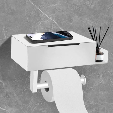 Support pour rouleau de papier toilette sans perçage avec étagère, blanc (1/5)