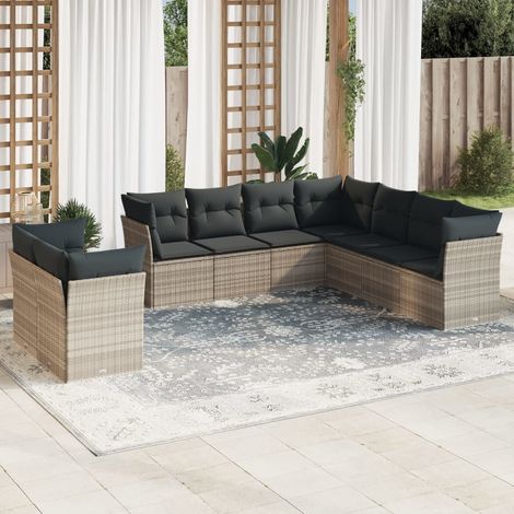 Set muebles jardín 9 pzas y cojines ratán sintético gris claro vidaXL (1/3)