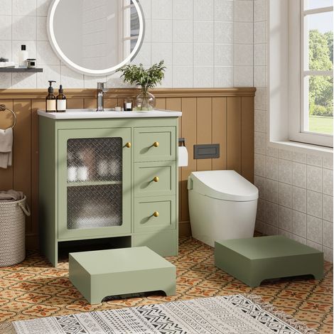 Meuble lave-mains MDF vert 80x50x87 cm avec tabouret 2-en-1 intégré, vasque céramique et éclairage LED (1/5)