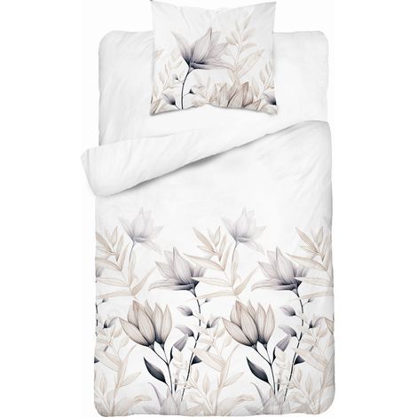 Parure de lit en satin 140x200 cm, motif fleurs claires et beige (1/3)