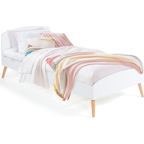 Idmarket – Lit simple scandinave 90 x 190 cm – Cadre en bois blanc – 4 pieds métal imitation bois – Tête de lit 56 cm – 15 lattes pour confort optimal (1/5)