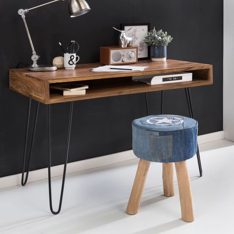 Bureau 110x60x75 cm en bois massif et métal naturel et noir - SURATE (1/4)