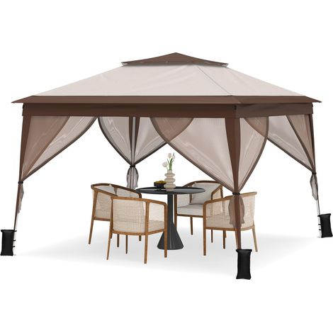 COSTWAY Gazebo da Giardino 330 x 330 cm, Gazebo da Esterno Pieghevole per 6-7 Persone con Pareti in Rete, Altezza Regolabile, Struttura in Metallo e Borsa con Ruote per Mercatini, Picnic e Fiere (1/5)