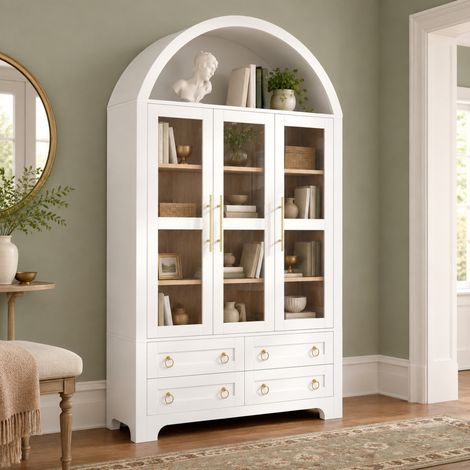 Credenza vetrina 110x40x185 cm in MDF bianco con contenitore FloraGrace (1/5)