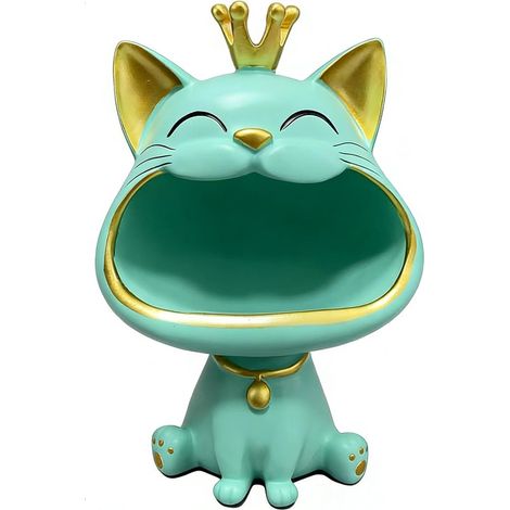 Statue de chat porte-bonheur, boîte de rangement en forme de chat riant pour entrée, vert clair. (1/5)