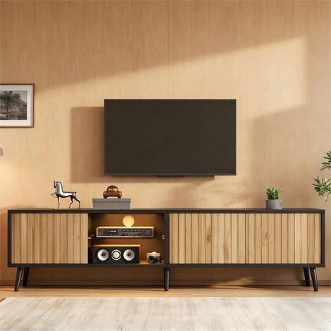 Meuble TV bas 175 cm avec rangement, LED, 3 portes et étagères en verre trempé, meuble télévision bois naturel et noir avec 6 pieds, pour écran jusqu'à 75 pouces