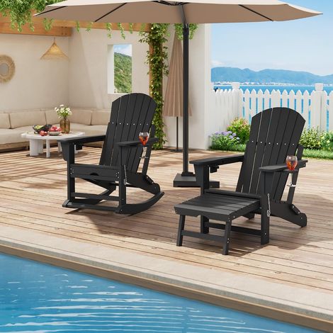 Chaise Adirondack à Bascule en Plastique Noir, Fauteuil de Jardin Résistant aux Intempéries pour Terrasse et Extérieur (1/5)
