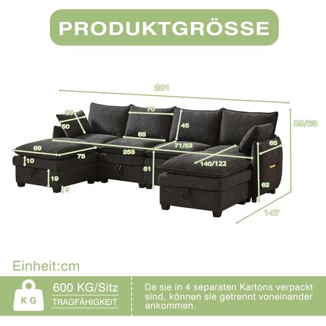 Canapé en U modulaire avec rangement, 4 sièges et 2 repose-pieds. Housse chenille cadre bois massif pour salon