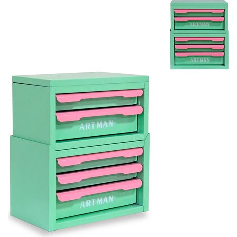 Organiseur de bureau à tiroirs empilable 5 niveaux en acier, pour cosmétiques et accessoires, vert et rose, gain de place, 36 x 24 x 39 cm CHICFURN (1/5)