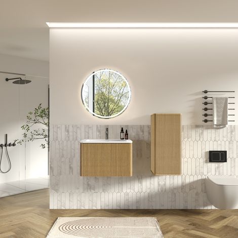 Ensemble meuble salle de bain suspendu 60cm avec vasque Solid Surface-colonne latérale-façades rainurées-MDF-contreplaqué-Chêne (1/5)