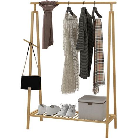 Kleiderständer aus Bambus. Garderobenständer aus Holz mit Schuhablage, Maße: 110 x 42 x 152 cm (L x B x H).