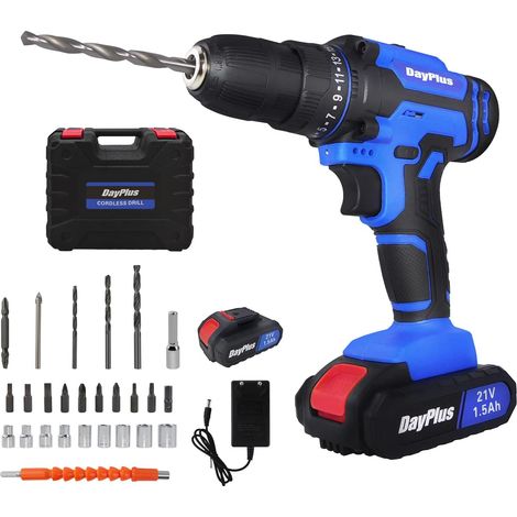 Perceuse Visseuse sans Fil, Jeu de Perceuses à Percussion 21V, 1.5Ah, Chargeur Rapide, Embrayage 25+1, Couple de 450 N.m Pour Percer Les Murs, Briques, Bois, Métal (1/5)