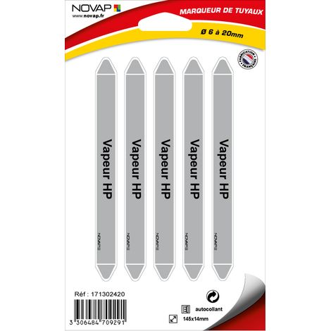 Planche de 5 marqueurs de tuyauterie 145 x 14 mm pour Ø 6 à 20 mm - Vapeur HP - 4709291