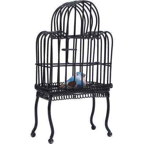 Cage à oiseaux miniature en métal à l'échelle 1:12 pour maison de poupée, avec porte ouvrante réaliste, fausse herbe et autocollant d'oiseau noir. (1/5)