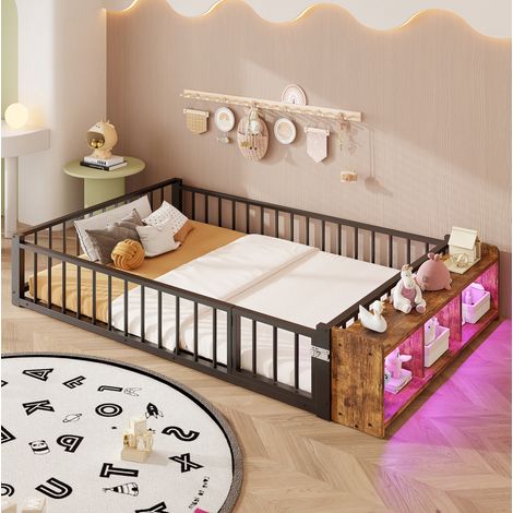 Letto singolo 140x200 cm nero in metallo e MDF con sponde, vano aperto e luci LED (1/5)