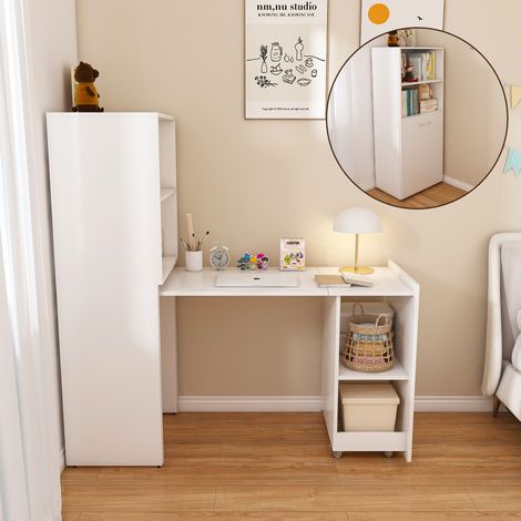 Bureau extensible avec armoire de rangement, bureau pliant gain de place avec étagères réglables et plateau extensible, blanc, pour chambre et bureau (Office Desk with Storage) (1/5)