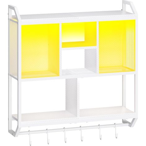 Étagère Murale pour Console de Jeu, Rangement Vertical à 4 Niveaux, Présentoir Flottant avec éclairage LED et 6 Crochets, pour Salle d’e-Sport, Cuisine, café, Bistro, Blanc (1/5)